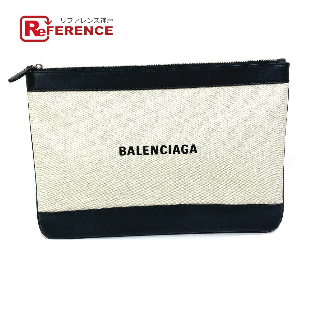 BALENCIAGA バレンシアガ 420407 ロゴ ネイビークリップ M カバン ポーチ クラッチバッグ キャンバス /レザー ユニセックス アイボリー 【中古】