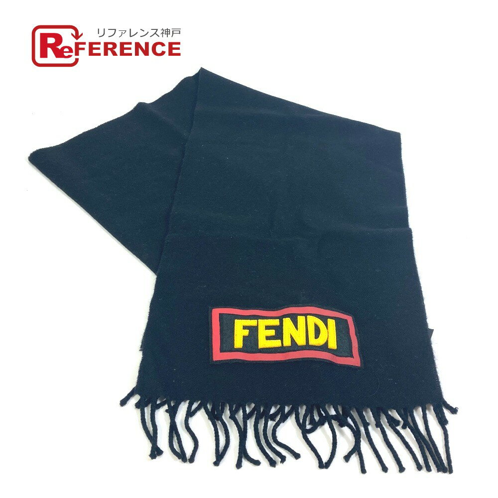 FENDI フェンディ FXS124 アパレル ロゴ ワッペン マフラー ウール メンズ ブラック 【中古】