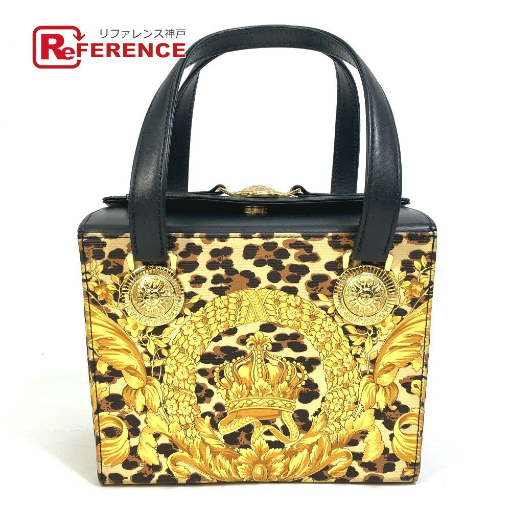 VERSACE ヴェルサーチ サンバースト バニティバッグ レオパード 豹柄 ヒョウ ハンドバッグ PVC/レザー レディース イエロー 【中古】