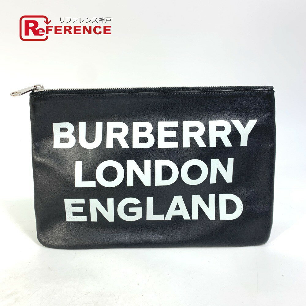 BURBERRY バーバリー ロゴ ポーチ クラッチバッグ レザー メンズ ブラック 【中古】