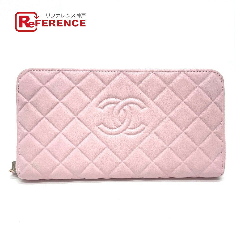 CHANEL シャネル CC ココマーク マトラッセ ラウンドファスナー 長財布 カーフレザー レディース ピンク 【中古】