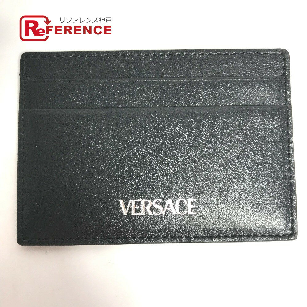 VERSACE ヴェルサーチ ロゴ 名刺入れ パスケース カードケース レザー レディース ブラック 【中古】