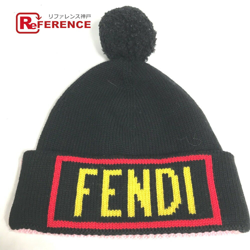 FENDI フェンディ FXQ056 バイカラー ロゴ ポンポン付き ビーニー 帽子 ニット帽 ニットキャップ ニット帽 ウール レディース ピンク 【中古】