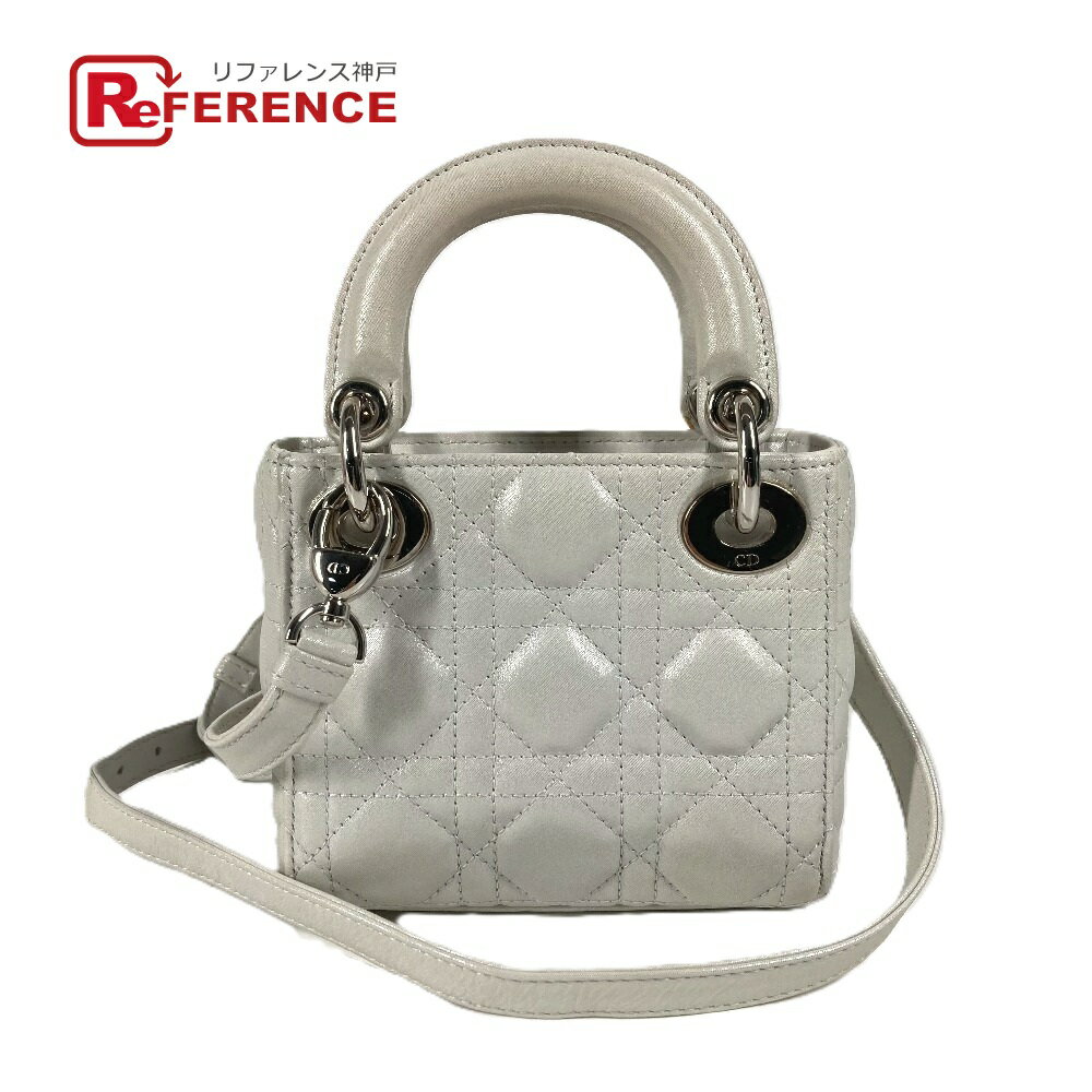 Dior ディオール レディディオール カナージュ ミニ 2WAY ショルダーバッグ 斜め掛け カバン ハンドバッグ レザー レディース メタリックグレー系 【中古】