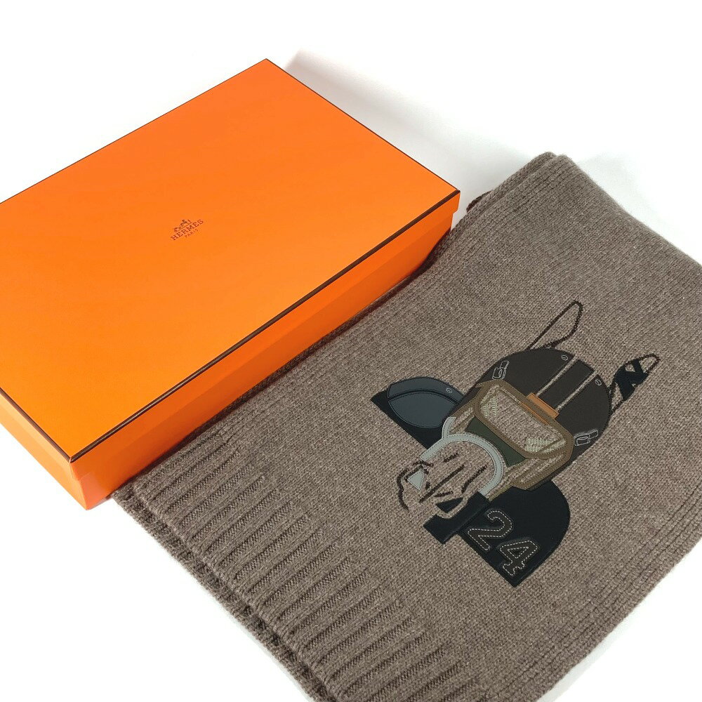 HERMES エルメス H393972T 03 レザーパッチ クォーターバッシュ 2023秋冬コレクション マフラー カシミヤ /シルク メンズ エトゥープ ブラウン 未使用 【中古】