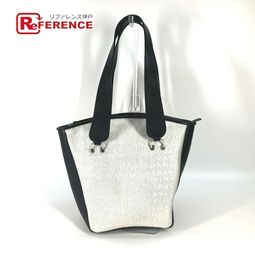 BVLGARI ブルガリ ロゴマニア ラメ バイカラー トートバッグ 肩掛け ハンドバッグ キャンバス/レザー レディース ホワイト 【中古】