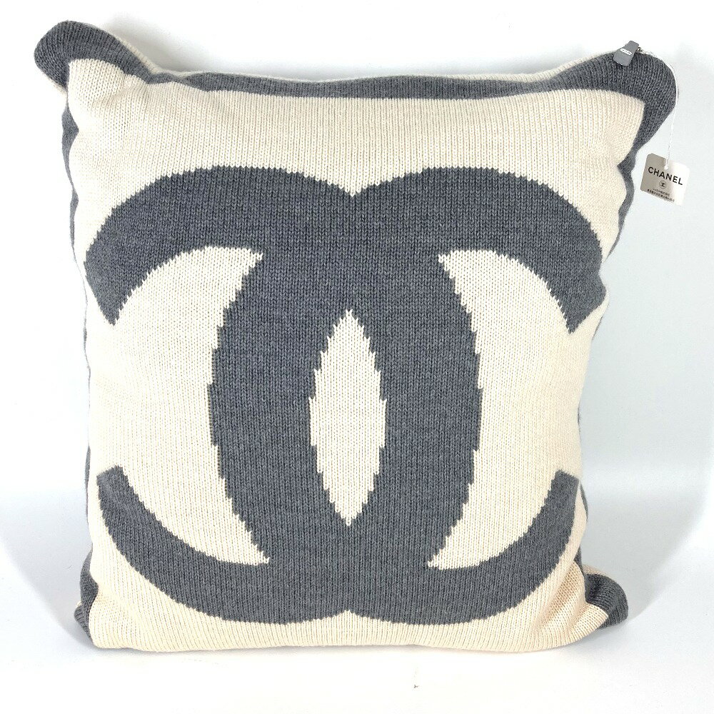 CHANEL シャネル CC ココマーク ダブル フェイス ピロー 枕 インテリア ニット バイカラー クッション ウール/カシミヤ /シルク ユニセックス ホワイトxグレー 【中古】