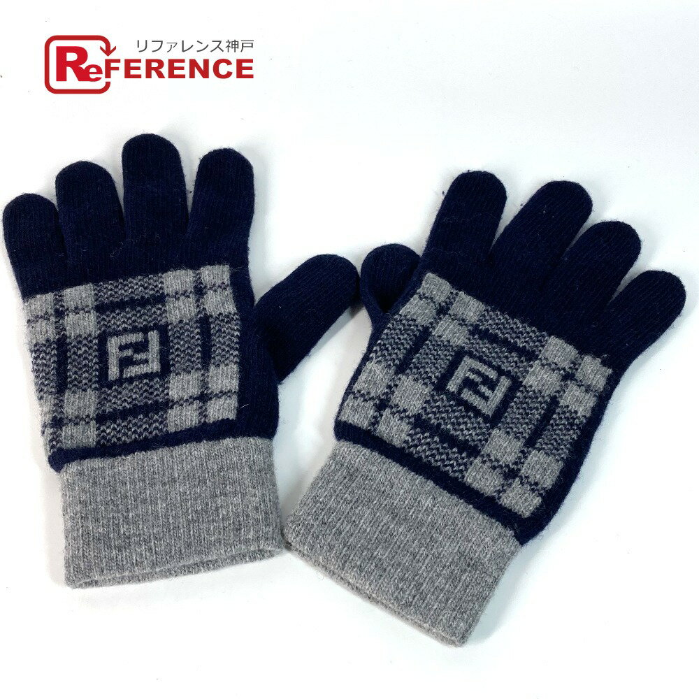 FENDI フェンディ FXY010 チェック FF バイカラー ロゴ グローブ 手袋 ウール レディース ネイビー 【中古】
