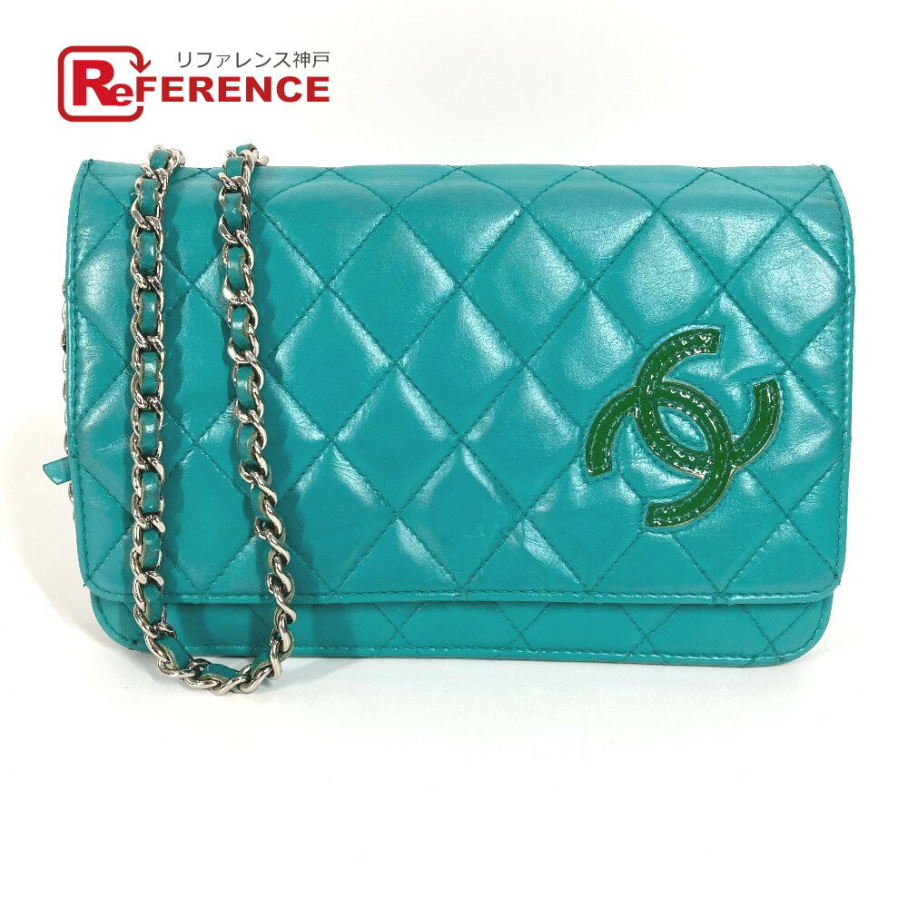 CHANEL シャネル 斜め掛け ロングウォレット CC ココマーク キルティング マトラッセ チェーンウォレット 長財布 ショルダーバッグ レザー レディース グリーン 【中古】