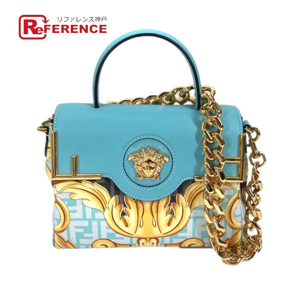 FENDI フェンディ ヴェルサーチ VERSACE コラボ フェンダーチェ FENDACE メデューサ 2WAY ショルダーバッグ チェーン ハンドバッグ PVC /レザー レディース ブルー 未使用 【中古】