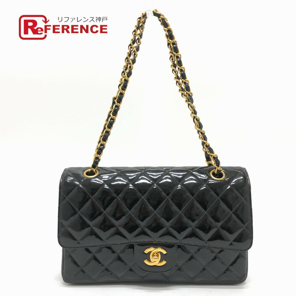 CHANEL シャネル A01112 マトラッセ マトラッセ25 Wチェーン Wフラップ ショルダーバッグ エナメル レディース ブラック 【中古】