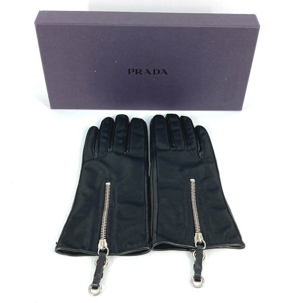 PRADA プラダ グローブ ジップ 手袋 ラムスキン メンズ ブラック 【中古】