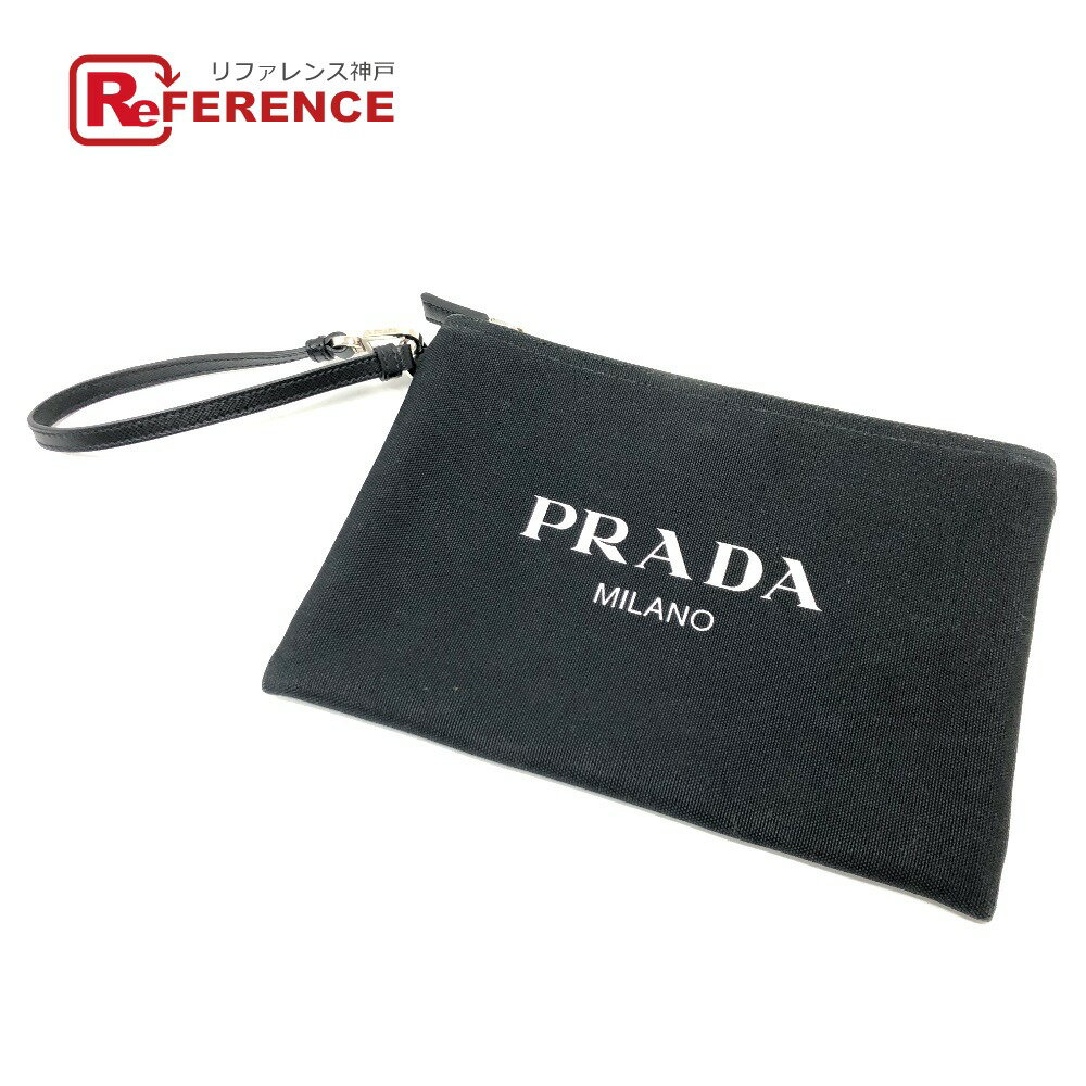 PRADA プラダ ロゴ フラップ ストラップ ポーチ キャンバス レディース ブラック 【中古】