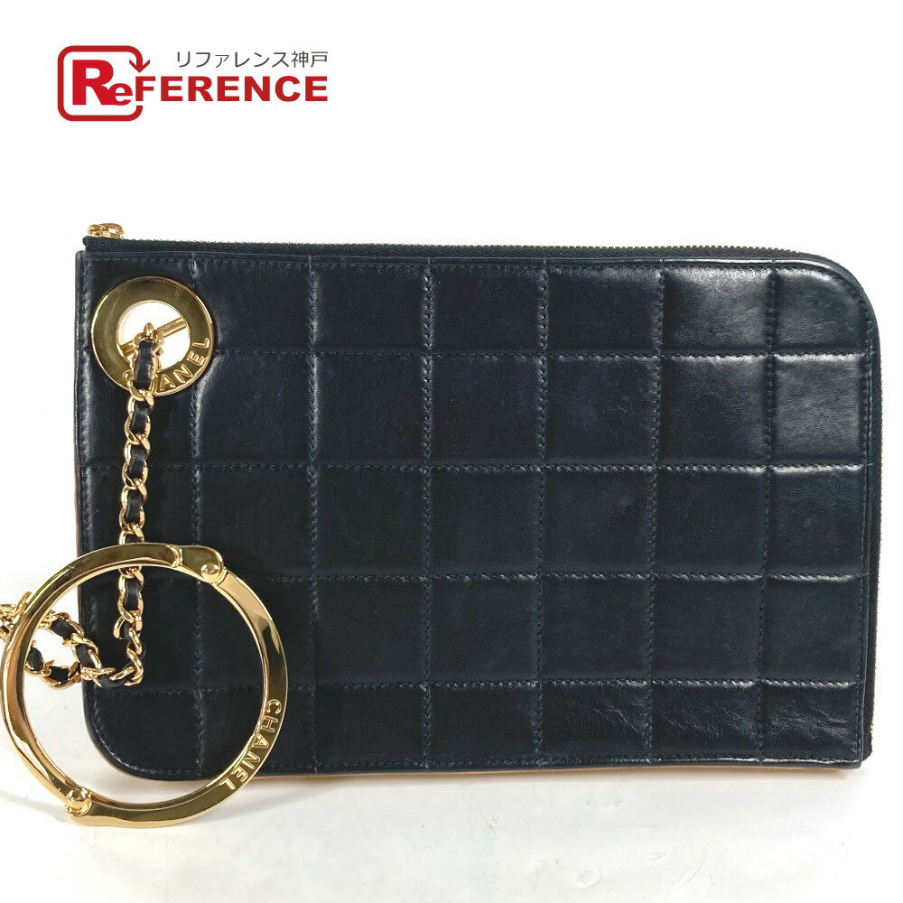 CHANEL シャネル チョコバー L字ファスナー ループ ハンドバッグ ポーチ 2WAY チェーン クラッチバッグ ラムスキン レディース ブラック 【中古】