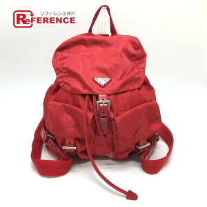 PRADA プラダ バックパック ロゴプレート 三角 トライアングルロゴ Wポケット カバン リュックサック ナイロン レディース レッド 【中古】