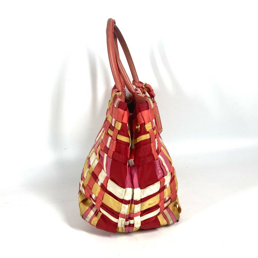 PRADA プラダ BN1653 マルチカラー ロゴ 編み込み カバン 肩掛け トートバッグ ハンドバック ショルダーバッグ ナイロン レディース ピンク 【中古】