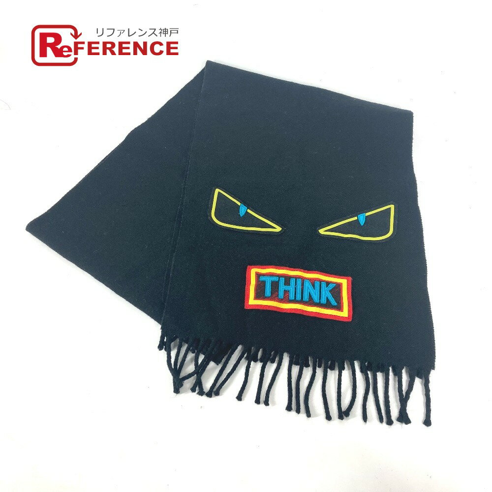 FENDI フェンディ モンスター ワッペン ロゴ フリンジ マフラー ウール ユニセックス ブラック 【中古】