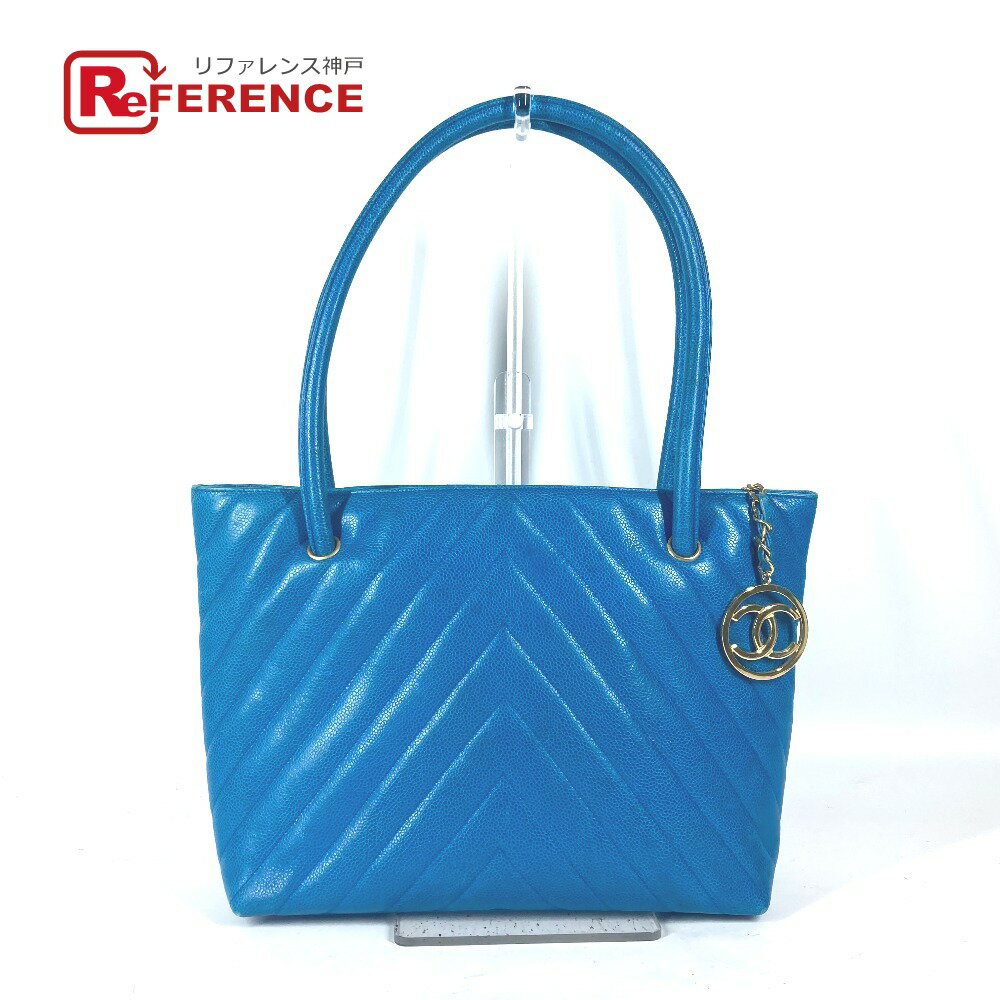 CHANEL シャネル ヴィンテージ Vステッチ CC ココマーク ショルダーバッグ カバン トートバッグ 肩掛け ハンドバッグ キャビアスキン レディース ブルー 【中古】