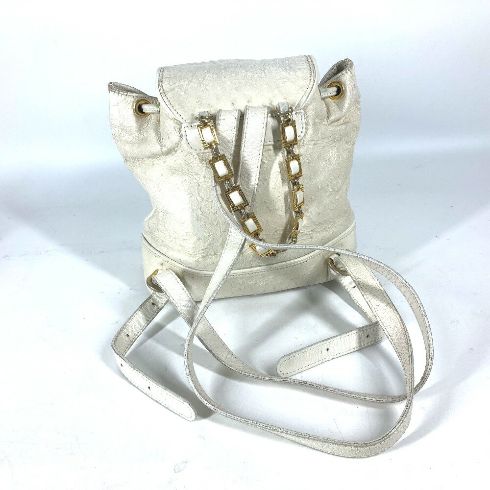 VERSACE ヴェルサーチ ヴィンテージ サンバースト バックパック カバン チェーン リュックサック 型押しレザー レディース アイボリー 【中古】 2