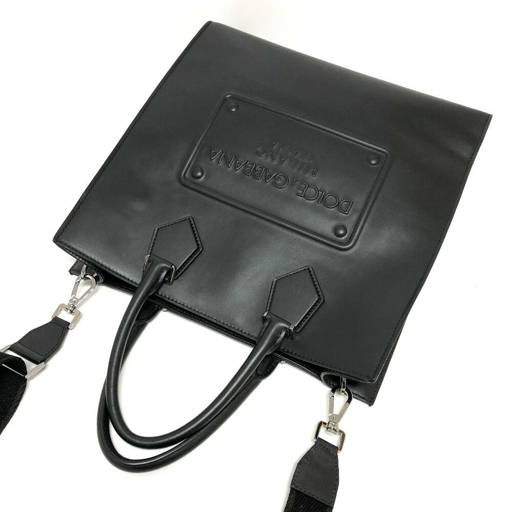 DOLCE&GABBANA ドルガバ ロゴ エンボス カバン 2WAY ハンドバッグ ショルダーバッグ スクエア トートバッグ レザー ユニセックス ブラック 【中古】