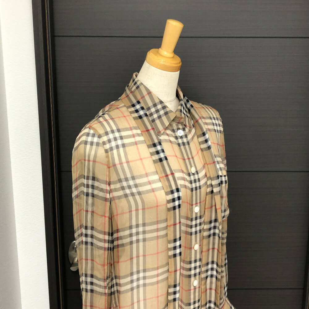 BURBERRY バーバリー チェック柄 シースルー ブラウス シャツ 長袖 長袖シャツ 長袖シャツ コットン レディース ベージュ 【中古】