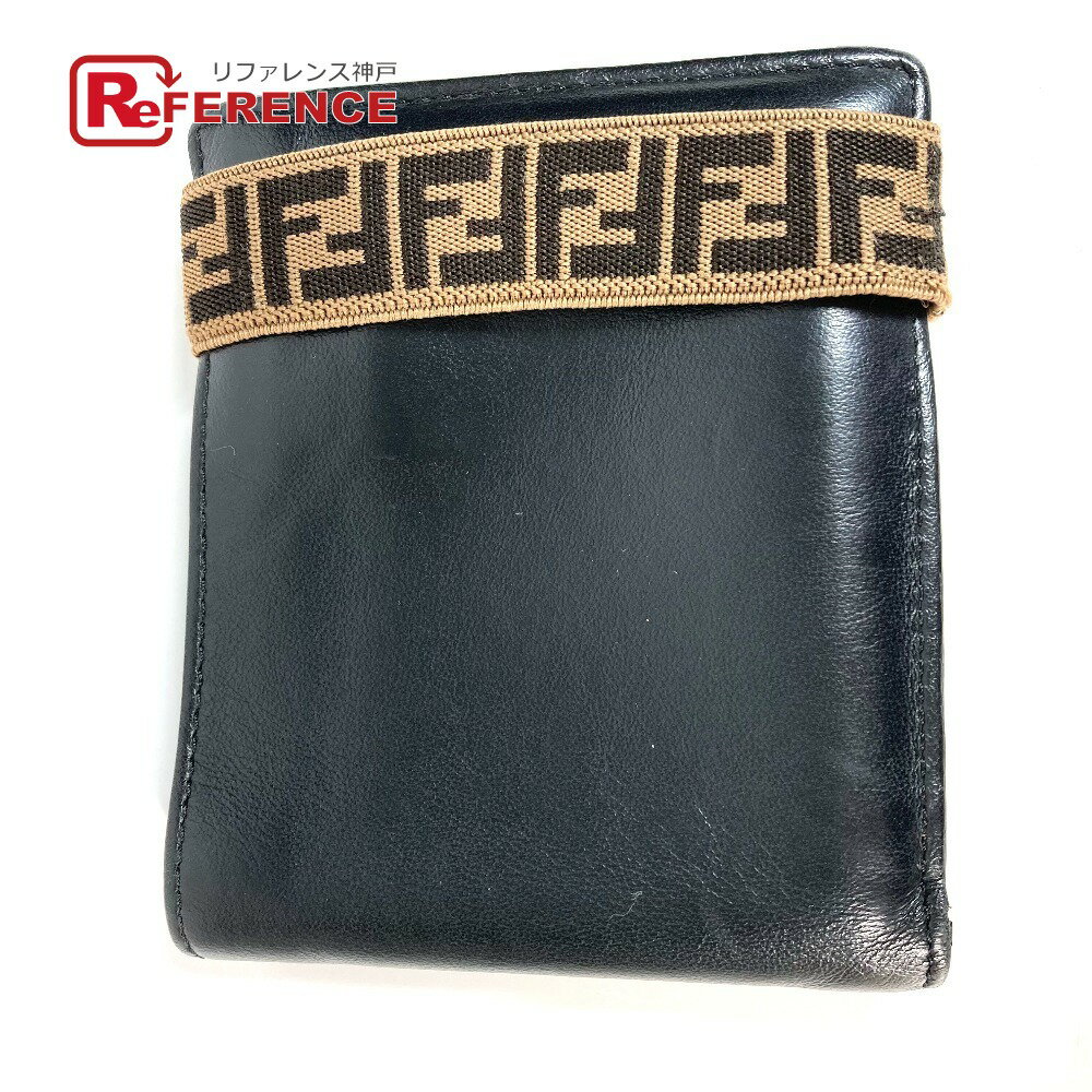 FENDI フェンディ 7M0266 ズッカ ゴムベルト ロゴ コンパクトウォレット 札入れ 2つ折り財布 レザー ユニセックス ブラック 【中古】