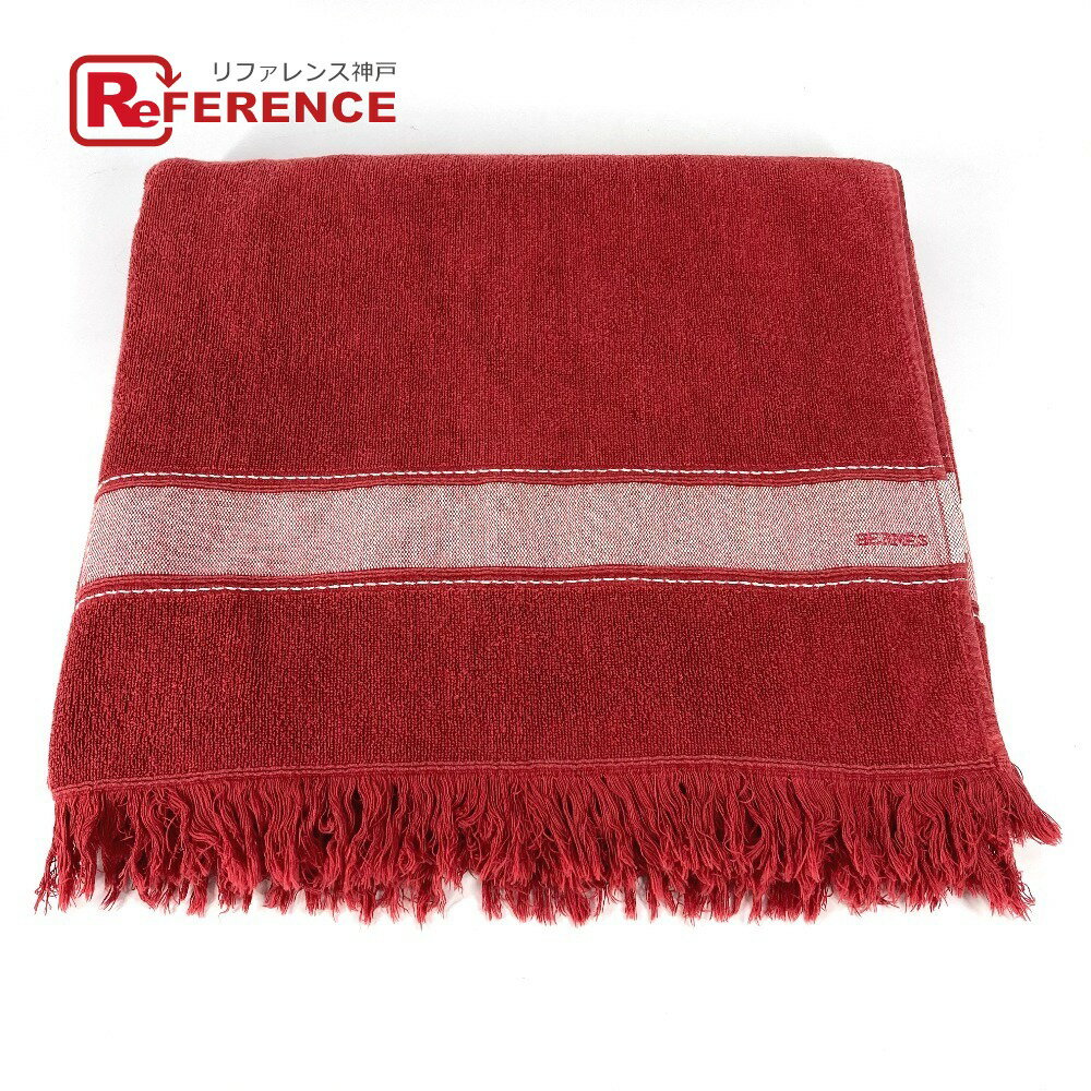 HERMES エルメス バスタオル インテリア ひざかけ ブランケット ビーチタオル ヨッティング ロゴ フリンジ タオル コットン ユニセックス レッド 【中...