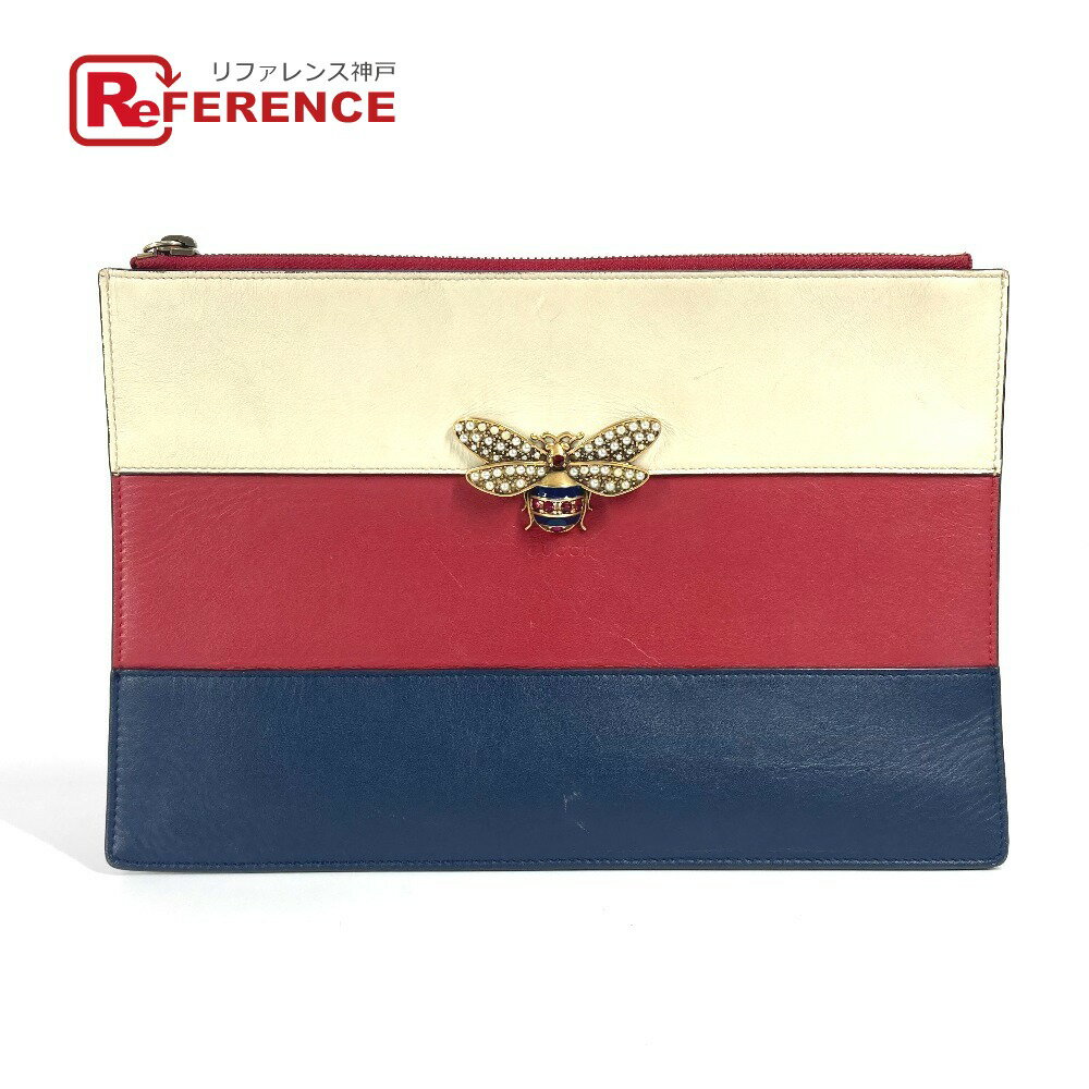 GUCCI グッチ 476077 BEE 蜂 ボーダー パール ラインストーン カバン ポーチ セカンドバッグ クラッチバッグ レザー ユニセックス レッド 【中古】