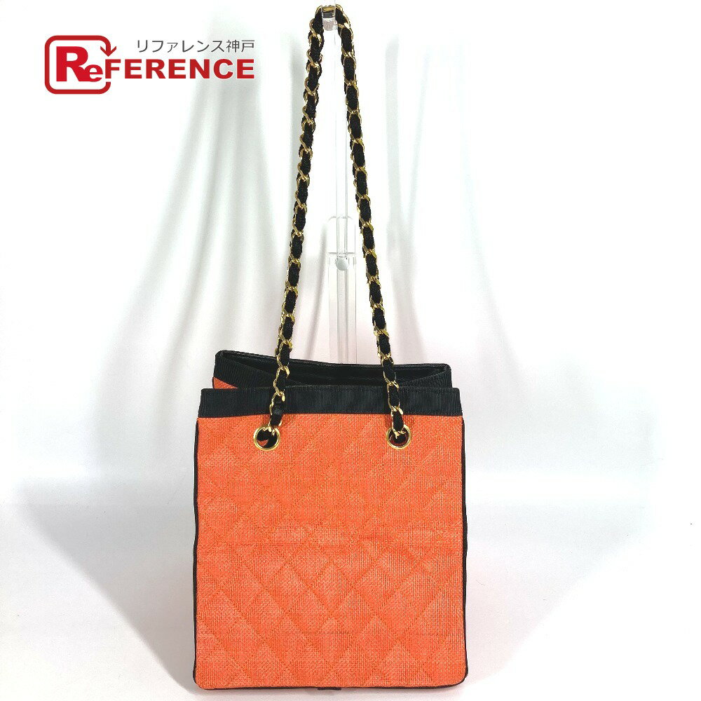 CHANEL シャネル ヴィンテージ マトラッセ キルティング 肩掛け カバン Wチェーン トートバッグ バイカラー ショルダーバッグ ストロー/レザー レディース オレンジ 【中古】