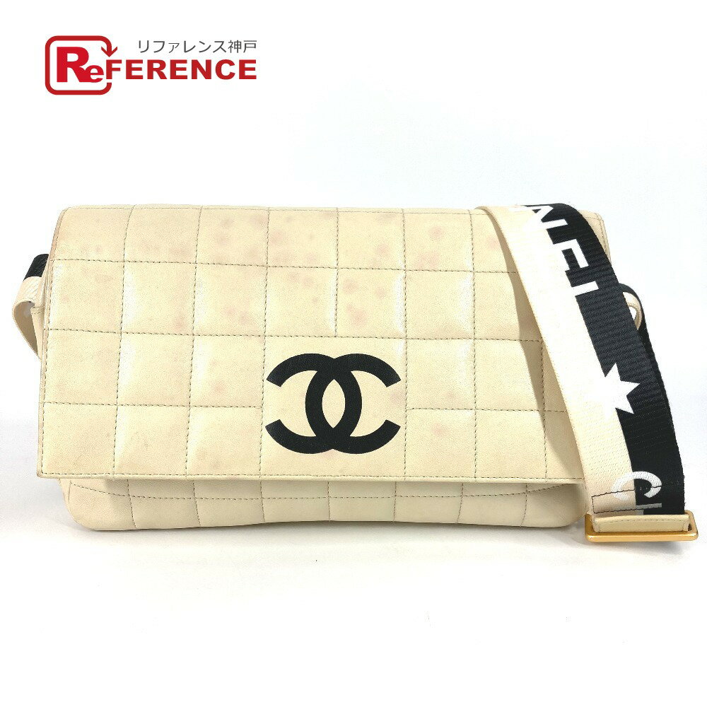乐天商城 - CHANEL シャネル CC ココマーク チョコバー バイカラー 斜め掛け カバン フラップ ポシェット ショルダーバッグ レザー レディース ホワイト 【中古】