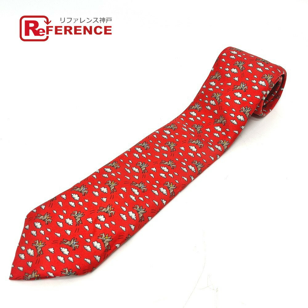 HERMES エルメス ペガサス総柄 雲 アパレル ファッション小物 ネクタイ シルク レディース オレンジ 【..