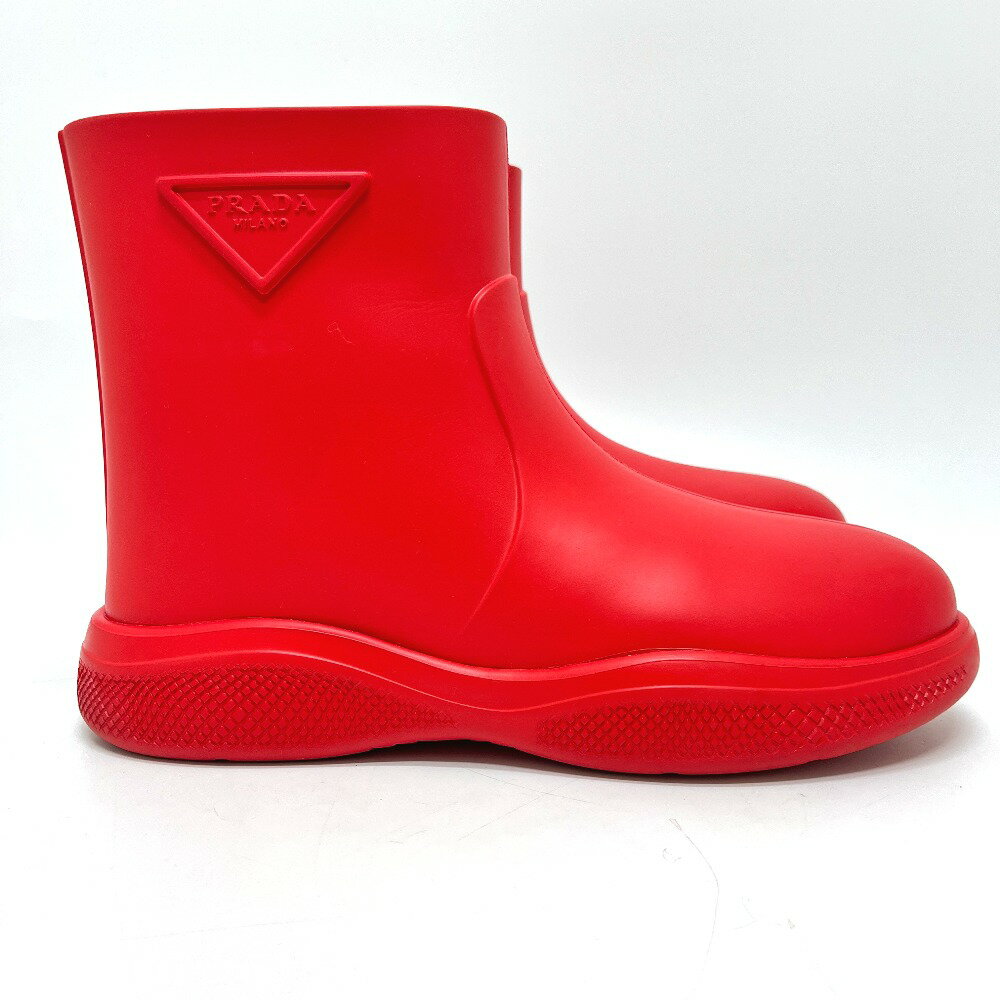 PRADA プラダ トライアングルロゴ ブーティー レイン 靴 ブーツ ラバー メンズ レッド 【中古】