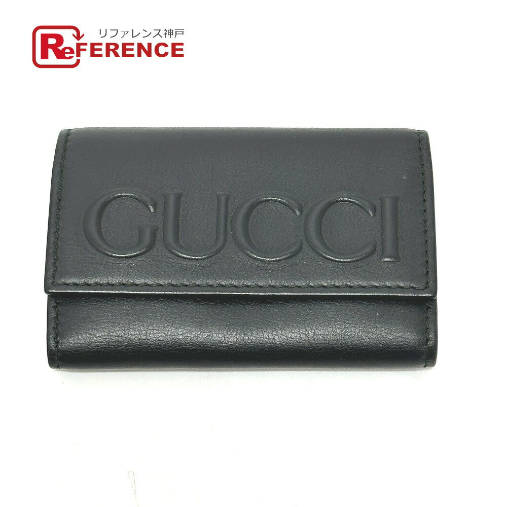 GUCCI - GUCCI グッチ 428781 エンボスロゴ キーホルダー キーリング 6連 キーケース レザー レディース ブラック 【中古】