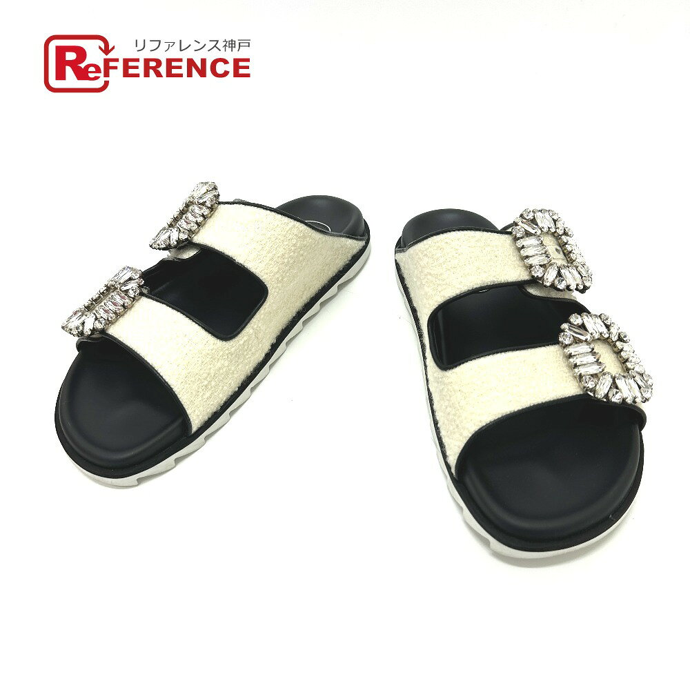 乐天商城 - ROGER VIVIER ロジェヴィヴィエ スライディー ヴィヴ ストラス ビジューバックル ベルト サンダル ツイード レディース ホワイト 未使用 【中古】
