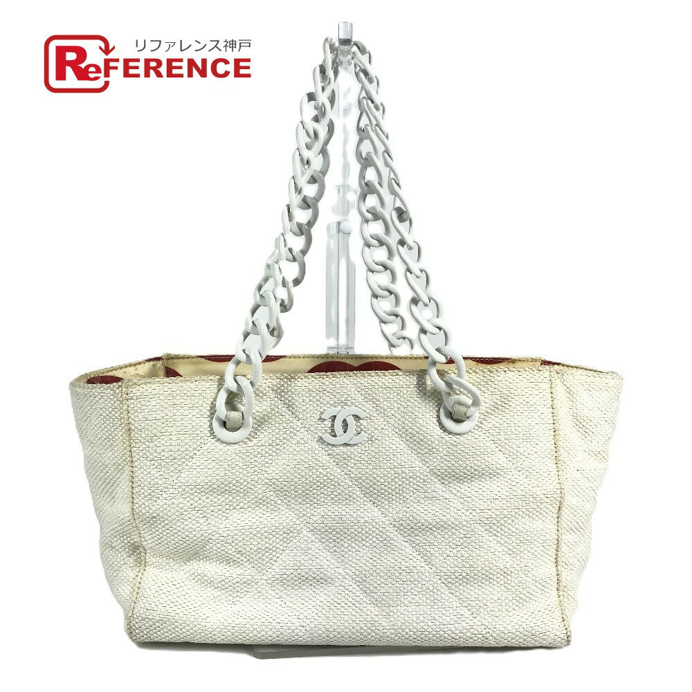 B, C, D, G, J, L, S, T, Z - CHANEL シャネル Wチェーン 携帯ポーチ付き ロゴ マトラッセ キルティング 肩掛け トートバッグ プラスチックチェーン ショルダーバッグ 麻 レディース ホワイト 【中古】