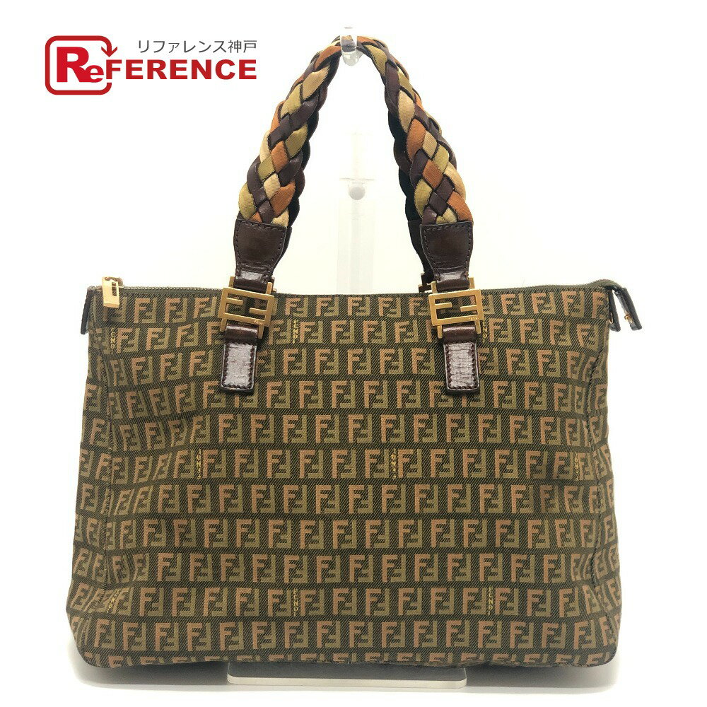 FENDI - FENDI フェンディ ズッカ柄 ズッキーノ柄 カバン 編み込みハンドル トートバッグ ハンドバッグ キャンバス レディース カーキ 【中古】