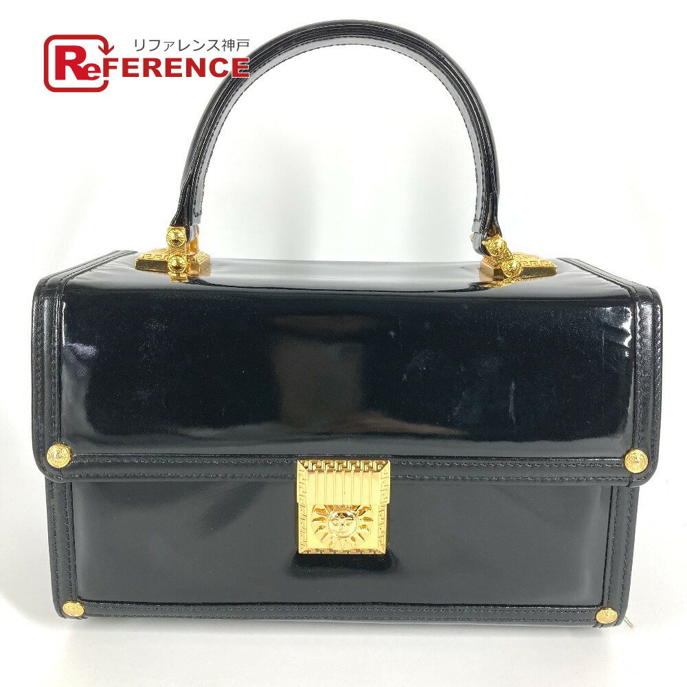 VERSACE ヴェルサーチ ヴィンテージ サンバースト ロゴ バニティバッグ カバン バニティ フラップ ハンドバッグ パテントレザー ユニセックス ブラック 【中古】