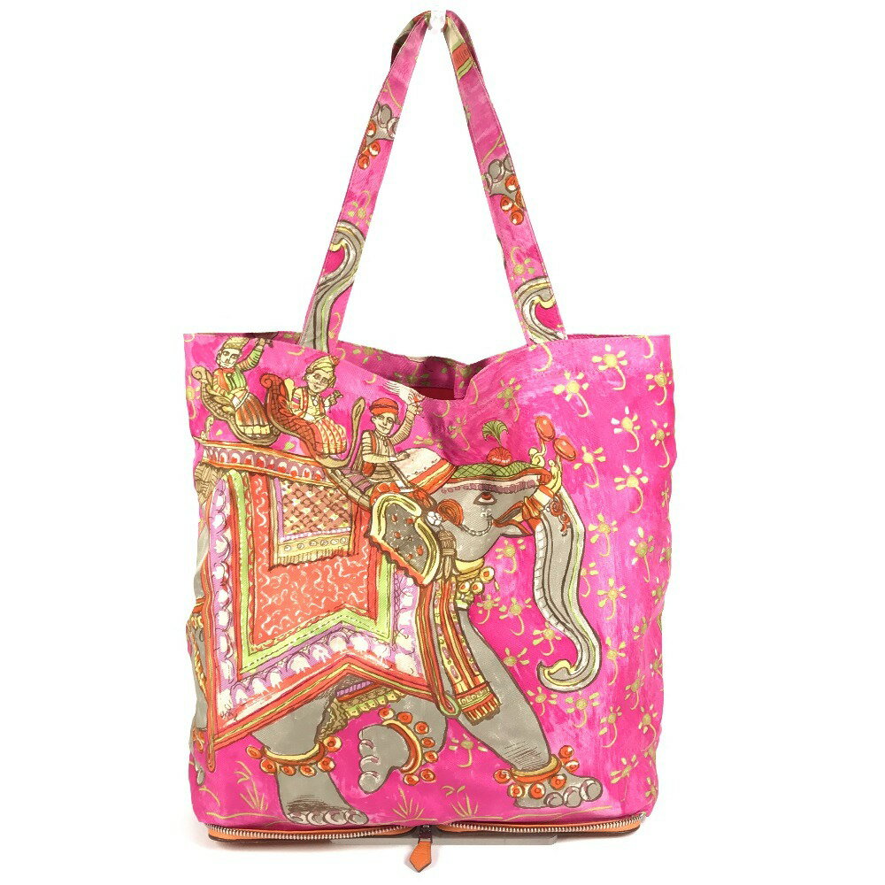 HERMES エルメス カバン エコバッグ 折り畳み シルキーポップ エレファント柄 トートバッグ ハンドバッグ ショルダーバッグ レザー /シルク ユニセックス オレンジ 【中古】 2
