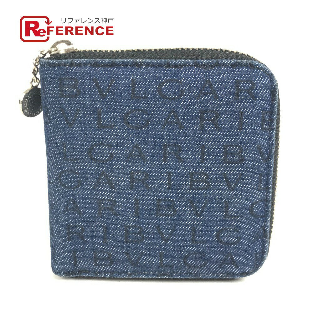 BVLGARI ブルガリ ロゴマニア 総柄 デニム ラウンドファスナー コンパクトウォレット 2つ折り財布 レザー/キャンバス ユニセックス ブルー 【中古】