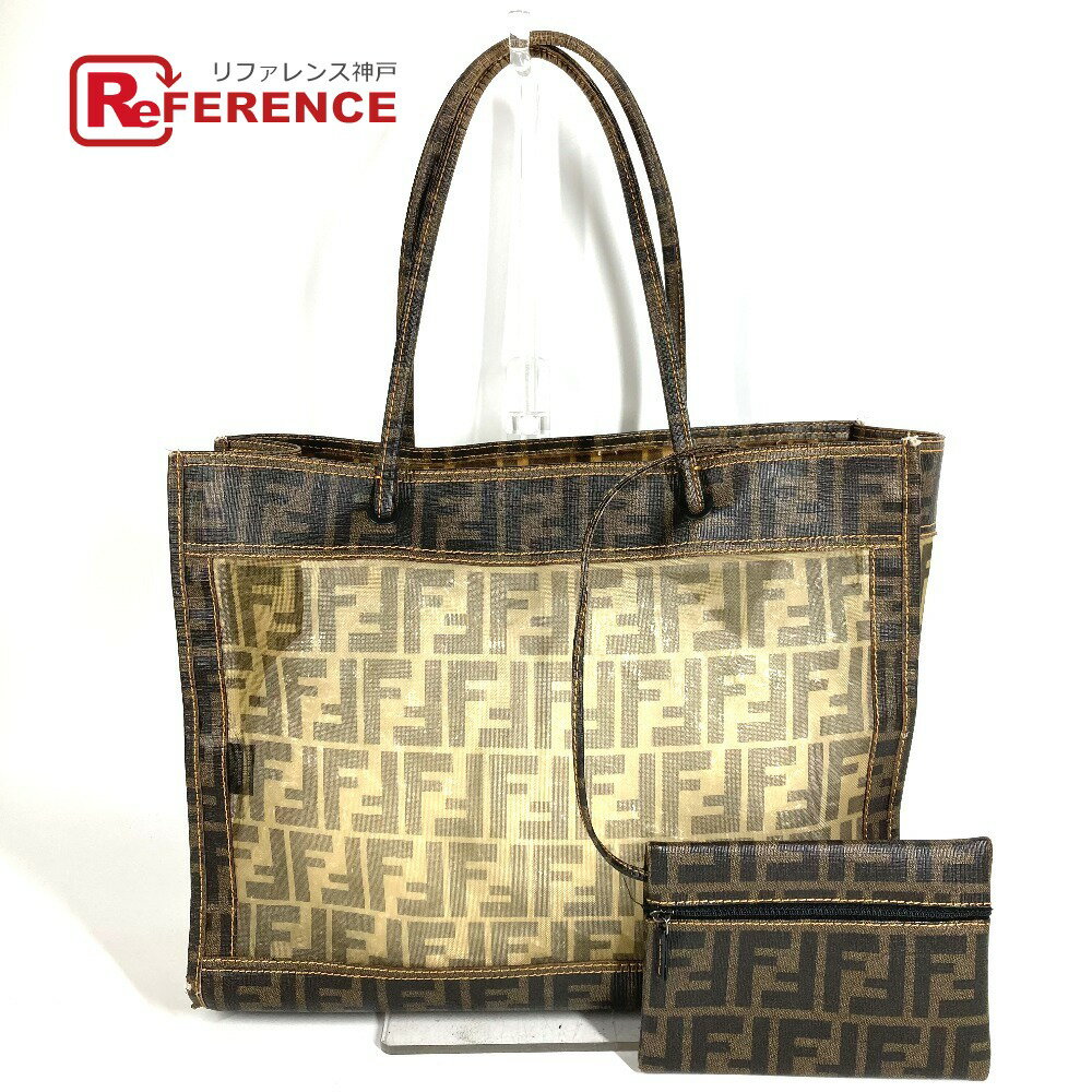 FENDI - FENDI フェンディ ポーチ付き ズッカ メッシュ ロゴ カバン トートバッグ 肩掛け ショルダーバッグ PVC レディース ブラウン 【中古】