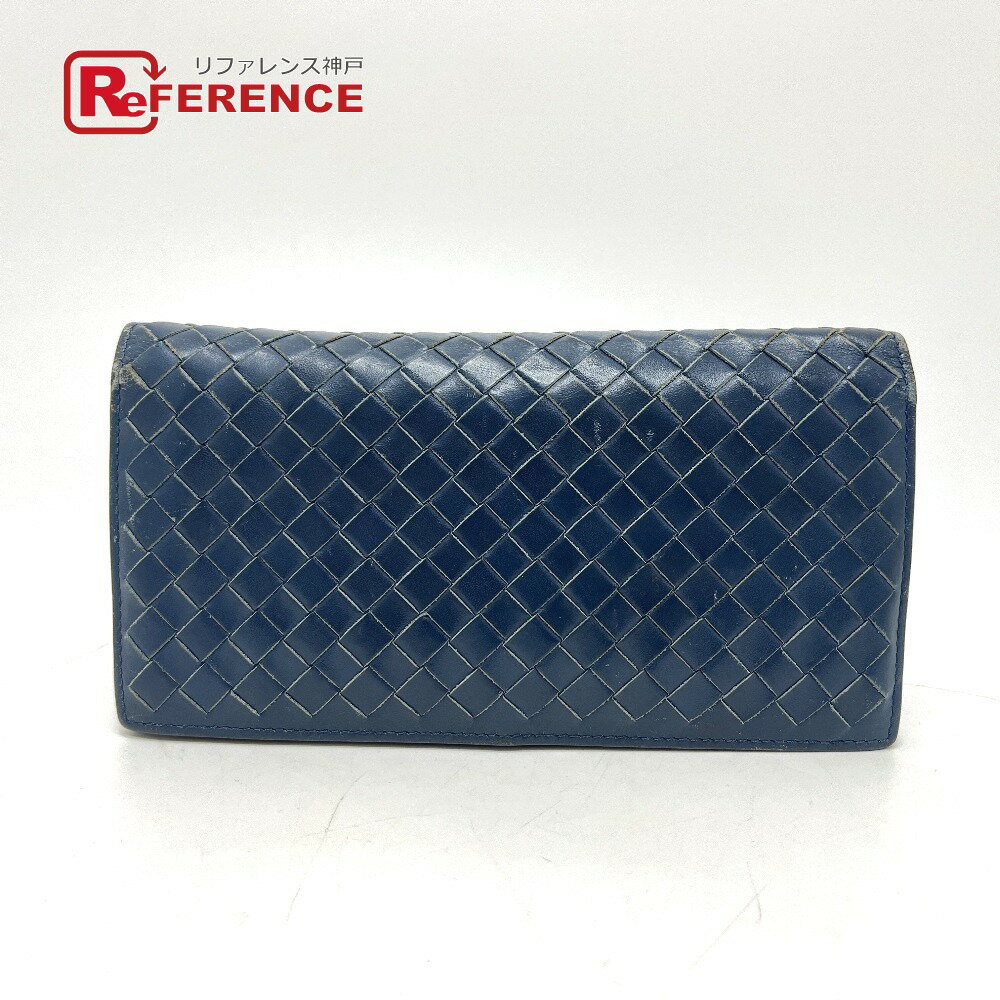 BOTTEGA VENETA ボッテガヴェネタ 156819 イントレチャート 長財布 財布 ウォレット 2つ折り財布 レザー メンズ ブルー 【中古】