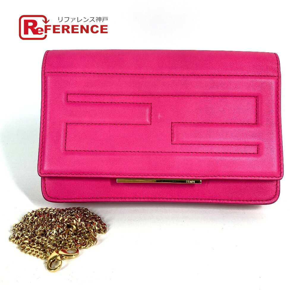 FENDI フェンディ 8M0346 ショルダーバッグ フラップ FF ロゴ チェーンウォレット ロングウォレット ショルダーウォレット 長財布 レザー ユニセックス ピンク 【中古】