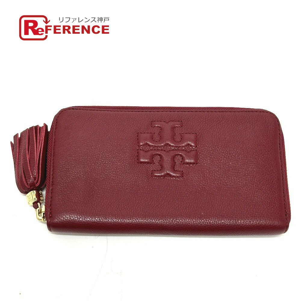 Tory Burch トリーバーチ ダブルT ロゴ フリンジ ラウンド 長財布 レザー メンズ ワインレッド 【中古】