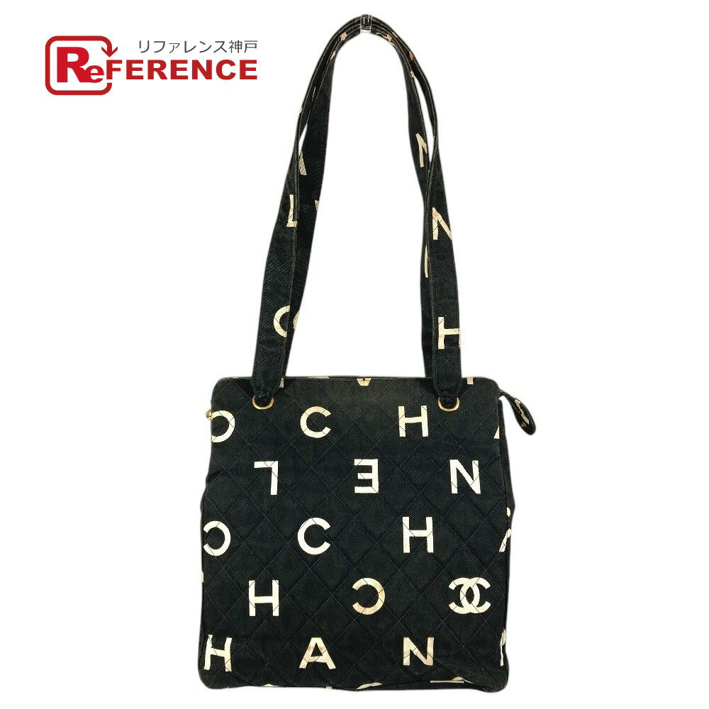 CHANEL シャネル ヴィンテージ CC ココマーク ロゴ 総柄 肩掛け トートバッグ カバン ショルダーバッグ コットン ユニセックス ブラック 【中古】
