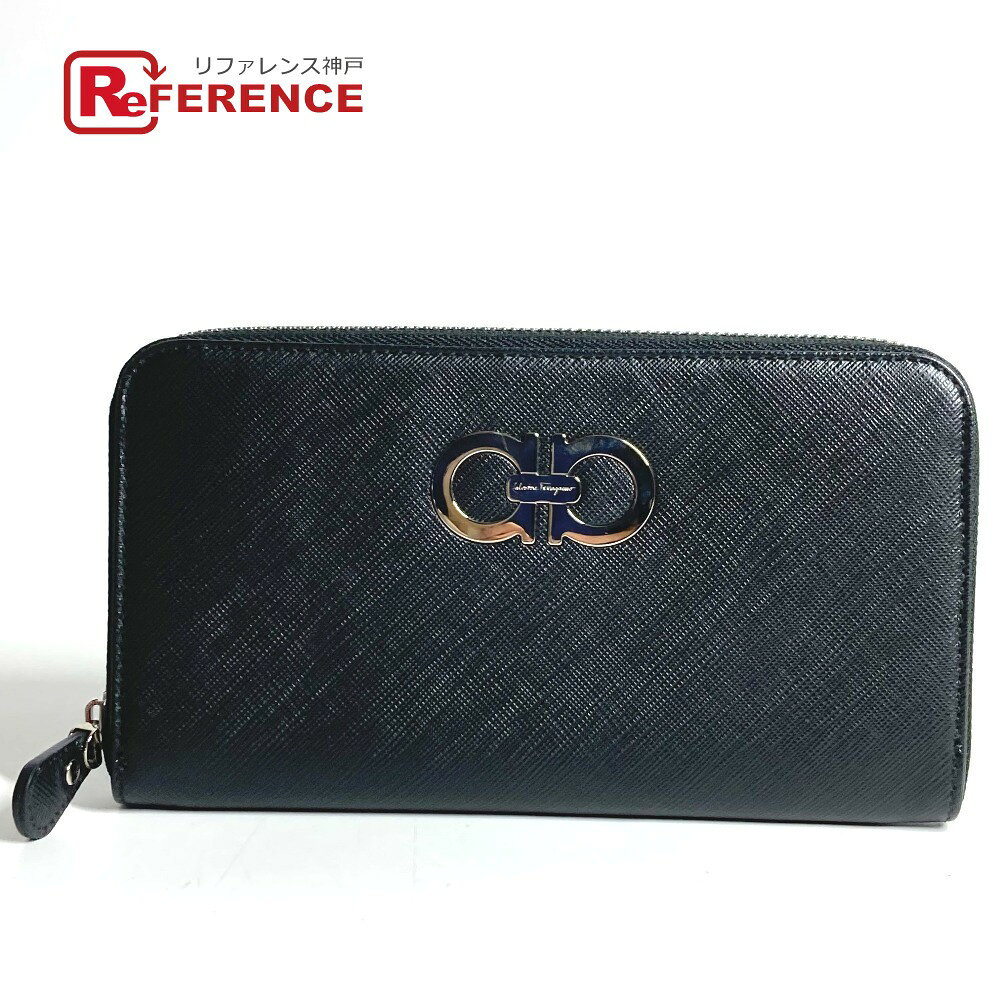 Salvatore Ferragamo サルヴァトーレフェラガモ ガンチーニ ロゴ ロングウォレット ラウンドファスナー 長財布 レザー ユニセックス ブラック 
