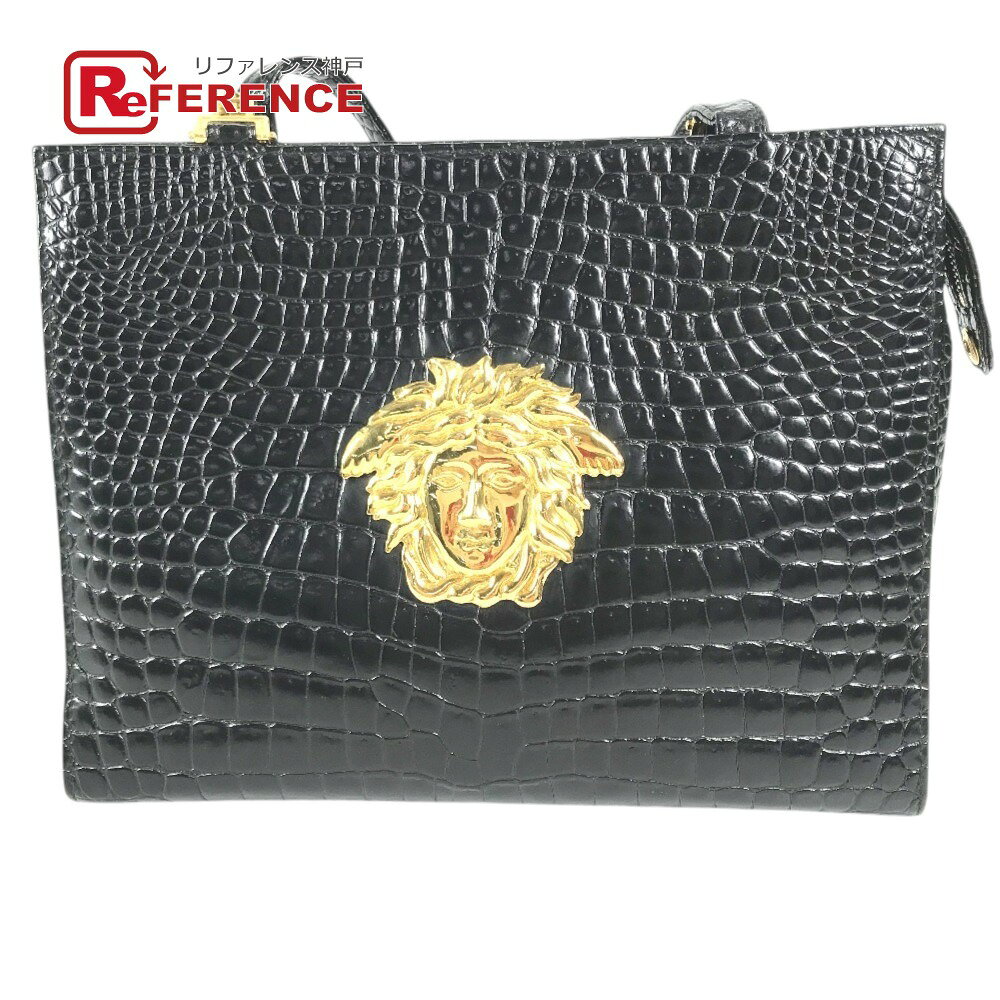 VERSACE ヴェルサーチ ビッグ メデューサ ロゴ グレカ カバン トートバッグ 肩掛け チェーン ショルダーバッグ 型押しレザー ユニセックス ブラック 【中古】