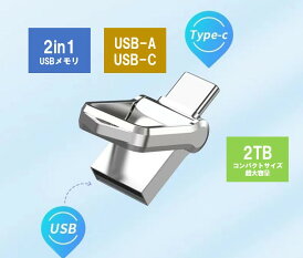 USBメモリ 2in1 USB-C タイプC USB-A 2TB 1TB 大容量 データ 保存 容量不足 パソコン スマホ 外付けメモリ データ転送 バックアップ シルバー 耐衝撃 送料無料