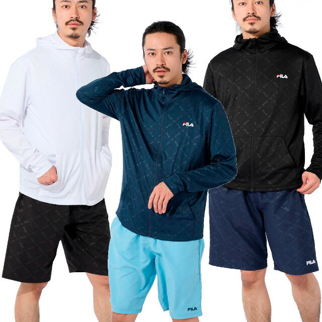 FILA 長袖UVパーカー メンズ 水着 水陸両用 ラッシュガード フード付き パーカ オープンファスナー エンボス加工 紫外線カット UVカット ホワイト ブラック ネイビー M L フィラ