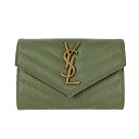 SAINT LAURENT　YSL　サンローラン　Vステッチコンパクトウォレッ ト　414404　レザー　グリーン　財布　カードケース