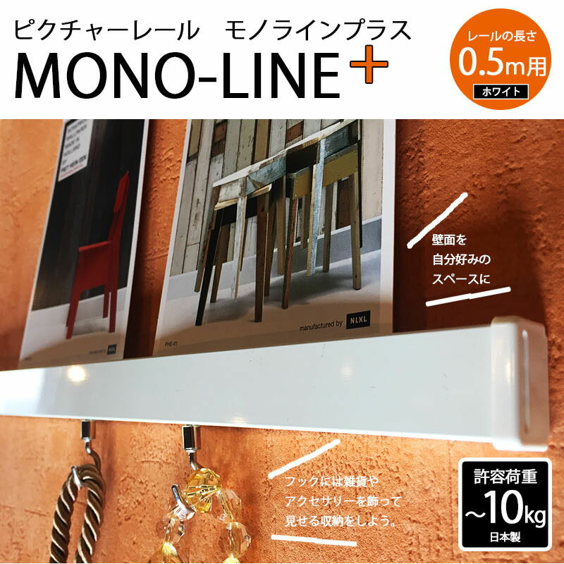【送料無料】ホワイト ピクチャーレール MONO-LINE+ 許容荷重3kg(石膏クギ使用時) 10kg(木ネジ使用時) 50cm 専用フック2個 石膏クギ入りまたは木ネジ取り付けのサムネイル